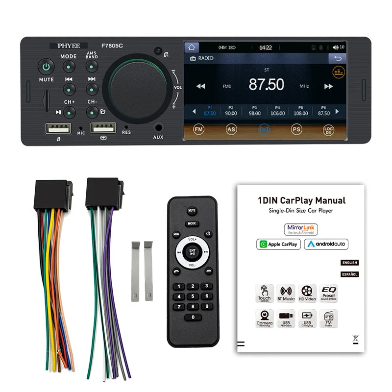 1 Din 4" CarPlay Car Radio Bluetooth Android-Auto MP5 Player Handfree