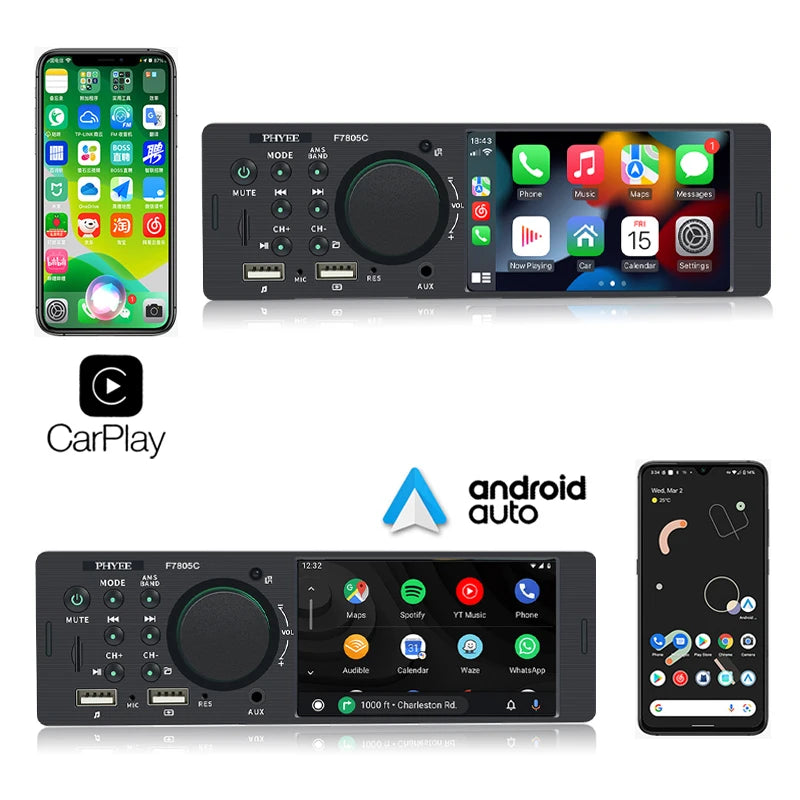 1 Din 4" CarPlay Car Radio Bluetooth Android-Auto MP5 Player Handfree