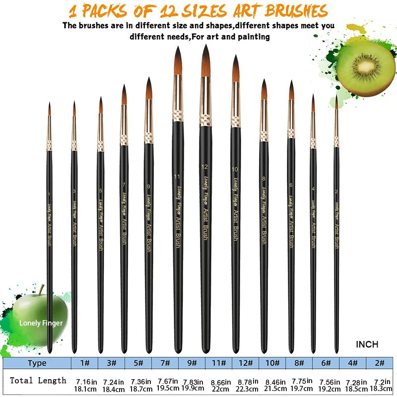 12pcs Paint Brushes Set Professional Paint Brush Round Pointed Tip