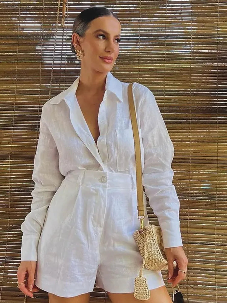 Women White Cotton Linen Single Breasted Shirt High Waist Shorts Suit