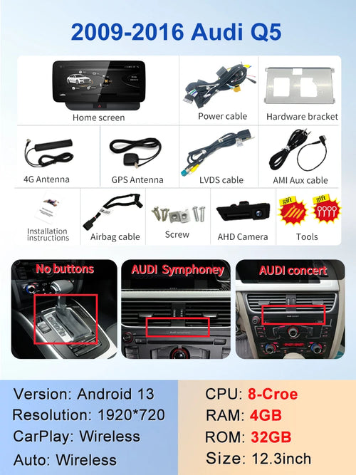 Factory Price 8G 64G Android13 12.3inch Carplay AUTO For AUDI 09-16 Q5