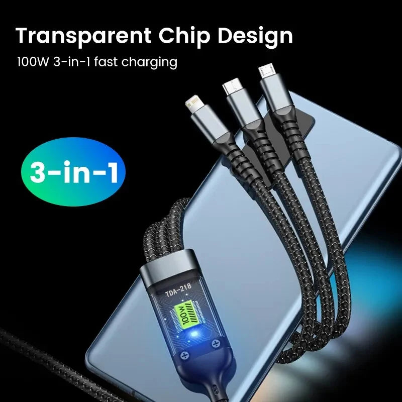 100/66W 3 in 1 Cable Micro USB Type C Cable for iPhone 15 14 13 Pro