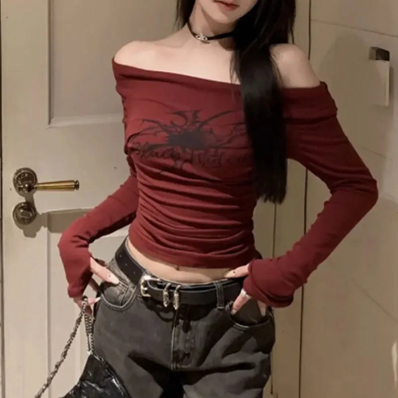 Women Y2K Gothic Grunge T Shirts Off Shoulder 2023 Autumn Streetwear