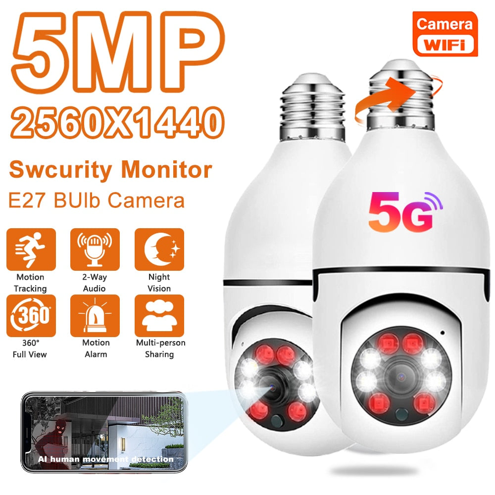 5G Wifi 5MP E27 Bulb Surveillance Camera Indoor 4X Digital Zoom AI