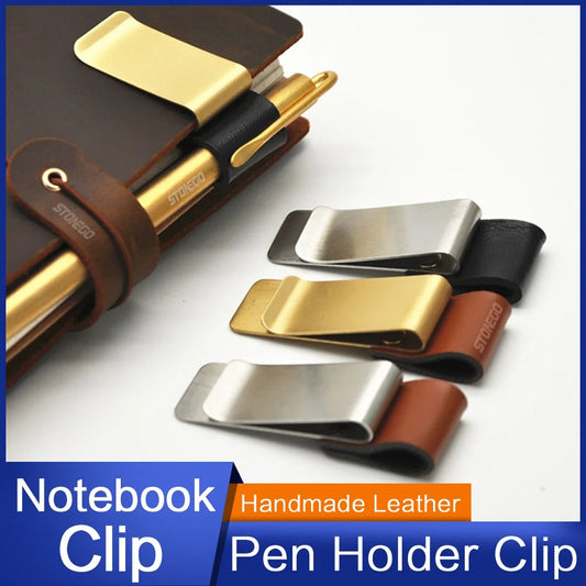 STONEGO Handmade Leather Brass Stainless Steel Pen Holder Clip Journal