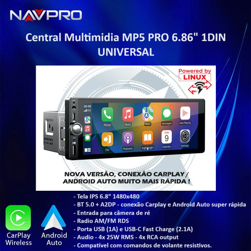 Central Multimedia MP5 Pro Screen 6.86 "1din Universal Linux system