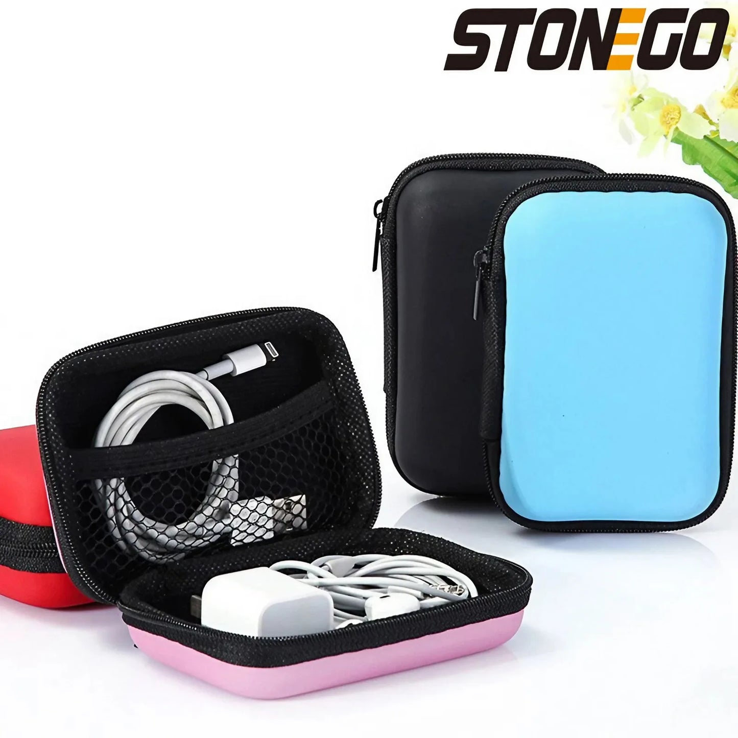 STONEGO Zipper Earphone Case Leather Earphone Storage Box Portable USB