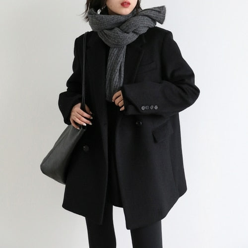Chic Ven Women Wool Blend Coat Solid Mid Long Woolen Blazer Thick Warm