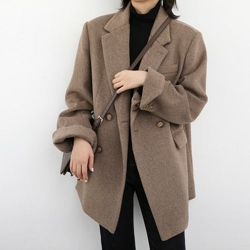 Chic Ven Women Wool Blend Coat Solid Mid Long Woolen Blazer Thick Warm