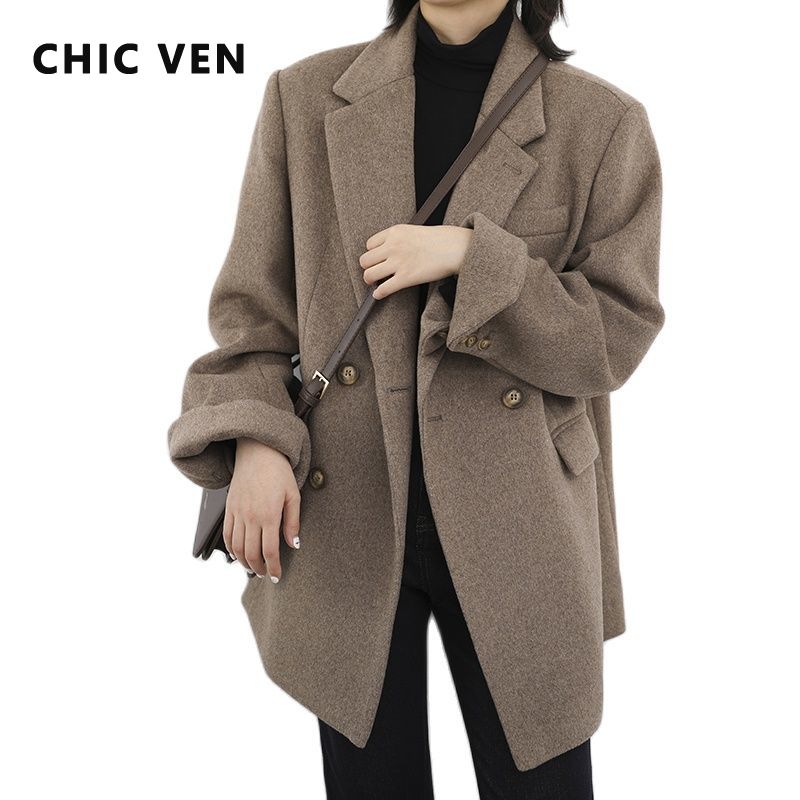 Chic Ven Women Wool Blend Coat Solid Mid Long Woolen Blazer Thick Warm