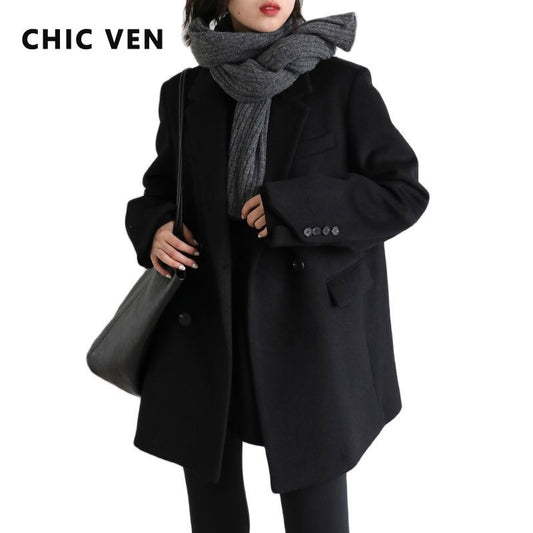 Chic Ven Women Wool Blend Coat Solid Mid Long Woolen Blazer Thick Warm