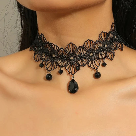 Vintag Classic Gothic Tattoo Lace Choker For Women Black Crystal