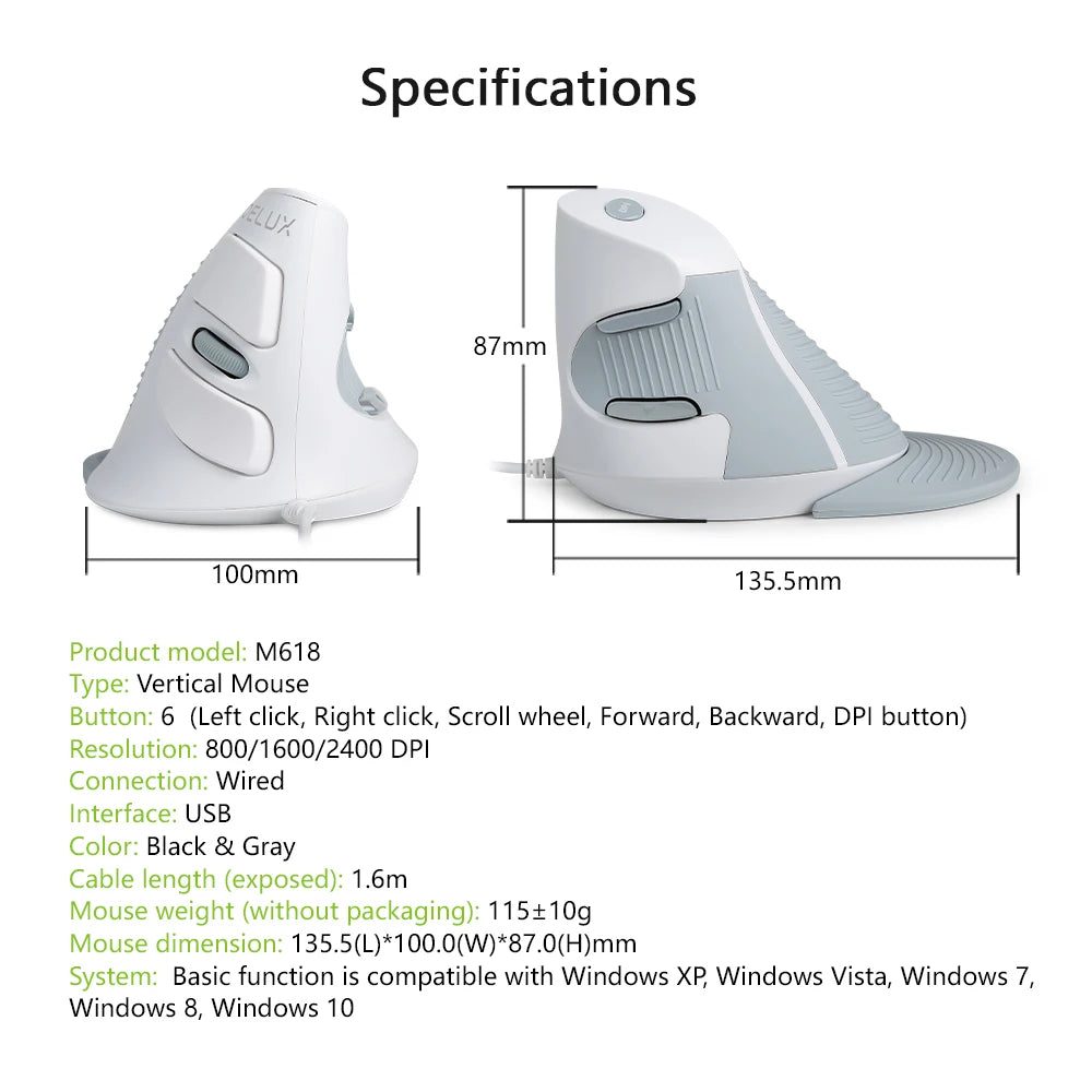 Delux M618BU White Wired Ergonomic Vertical Mouse 1600 DPI 6 Buttons