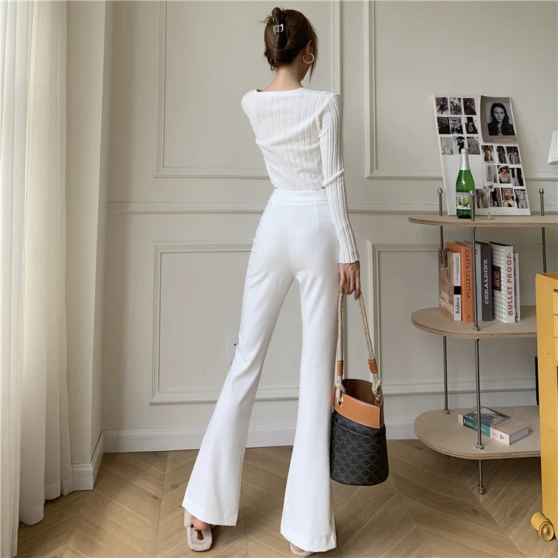 QOERLIN Micro-Flared Pants Women's High Waist Slim Casual Chic Wide