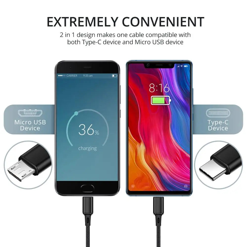 FONKEN 2In1 USB Cable Split Mobile Phone Charger Cable Micro USB Type