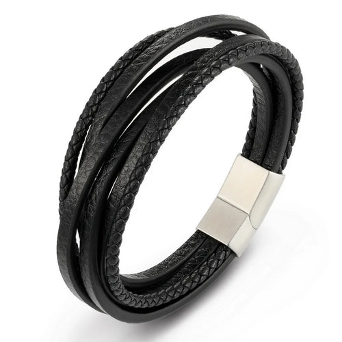 XQNI Fashion Stainless Steel Bangle Chain Genuine Leather Bracelet Men