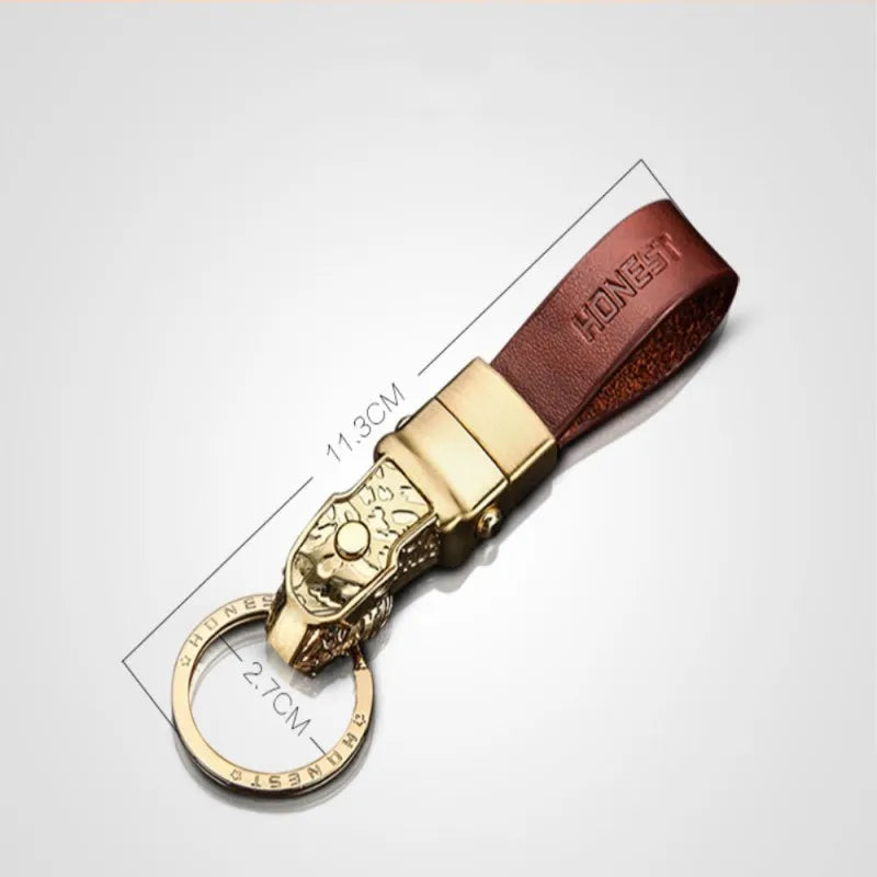 Creative LED Light Leopard Head Model Keychain Real Cowhide Key Holder