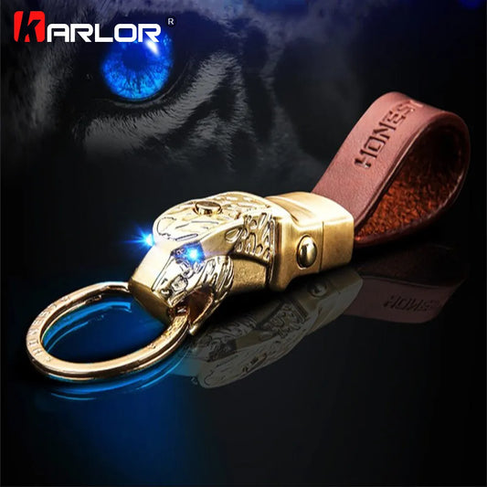 Creative LED Light Leopard Head Model Keychain Real Cowhide Key Holder