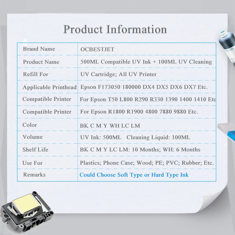 500ML LED UV Ink For Epson L800 L805 L1800 R290 R330 1390 1400 1410