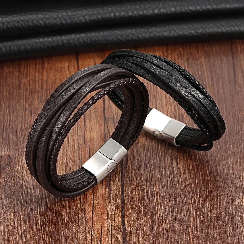XQNI Fashion Stainless Steel Bangle Chain Genuine Leather Bracelet Men