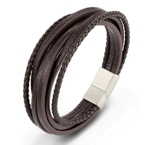 XQNI Fashion Stainless Steel Bangle Chain Genuine Leather Bracelet Men