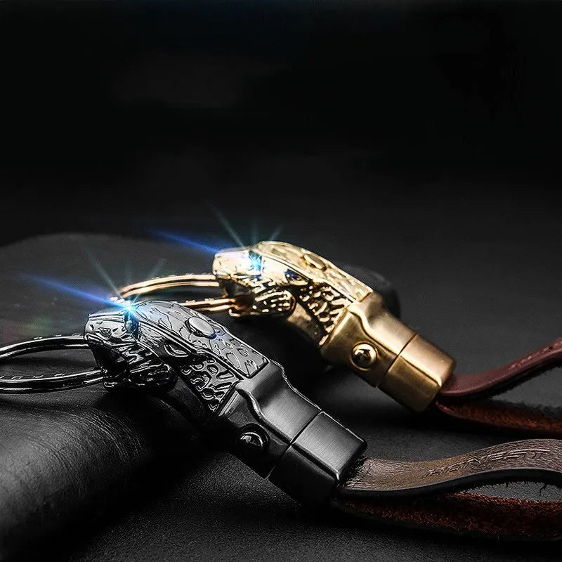 Creative LED Light Leopard Head Model Keychain Real Cowhide Key Holder