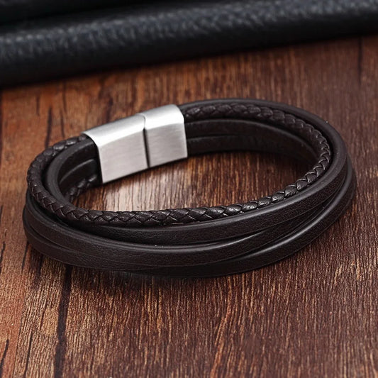 XQNI Fashion Stainless Steel Bangle Chain Genuine Leather Bracelet Men