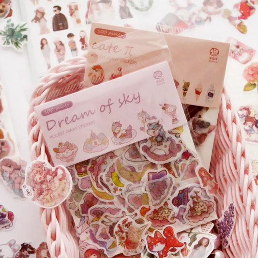 100pcs/pack Kawaii Unicorn Face Cat leaves Decorative Washi Stickers