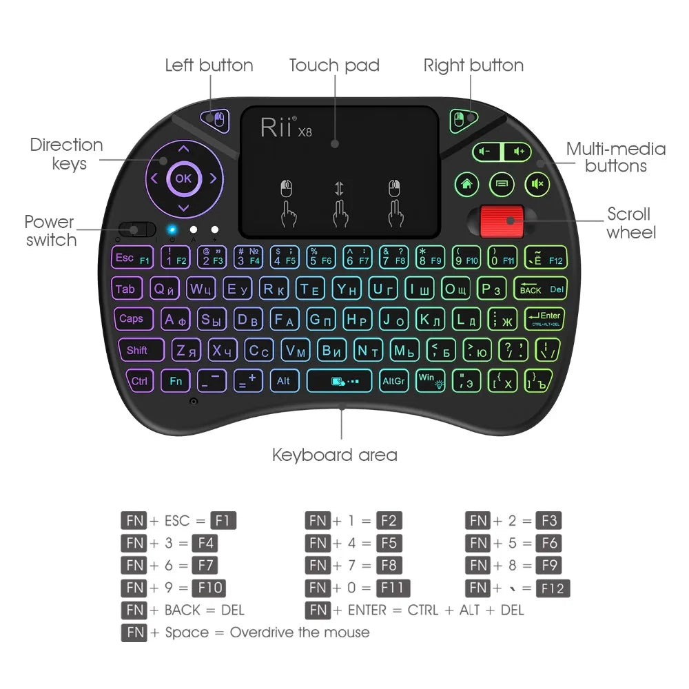 Mini keyboard Rii X8 2.4GHz Wireless keyboard with Touchpad Backlit
