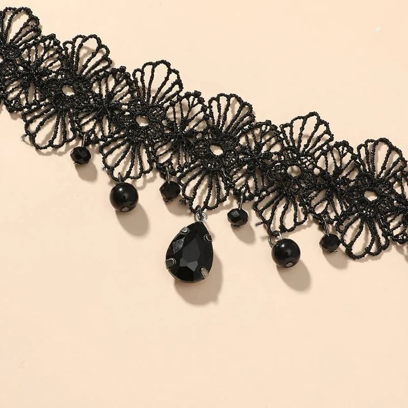 Vintag Classic Gothic Tattoo Lace Choker For Women Black Crystal