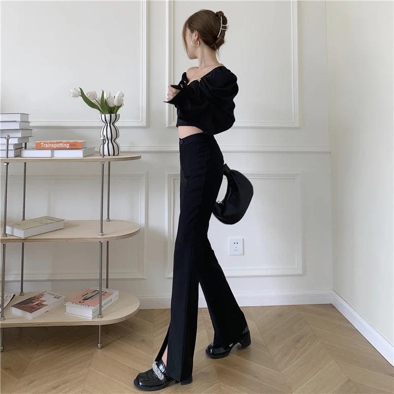 QOERLIN Micro-Flared Pants Women's High Waist Slim Casual Chic Wide