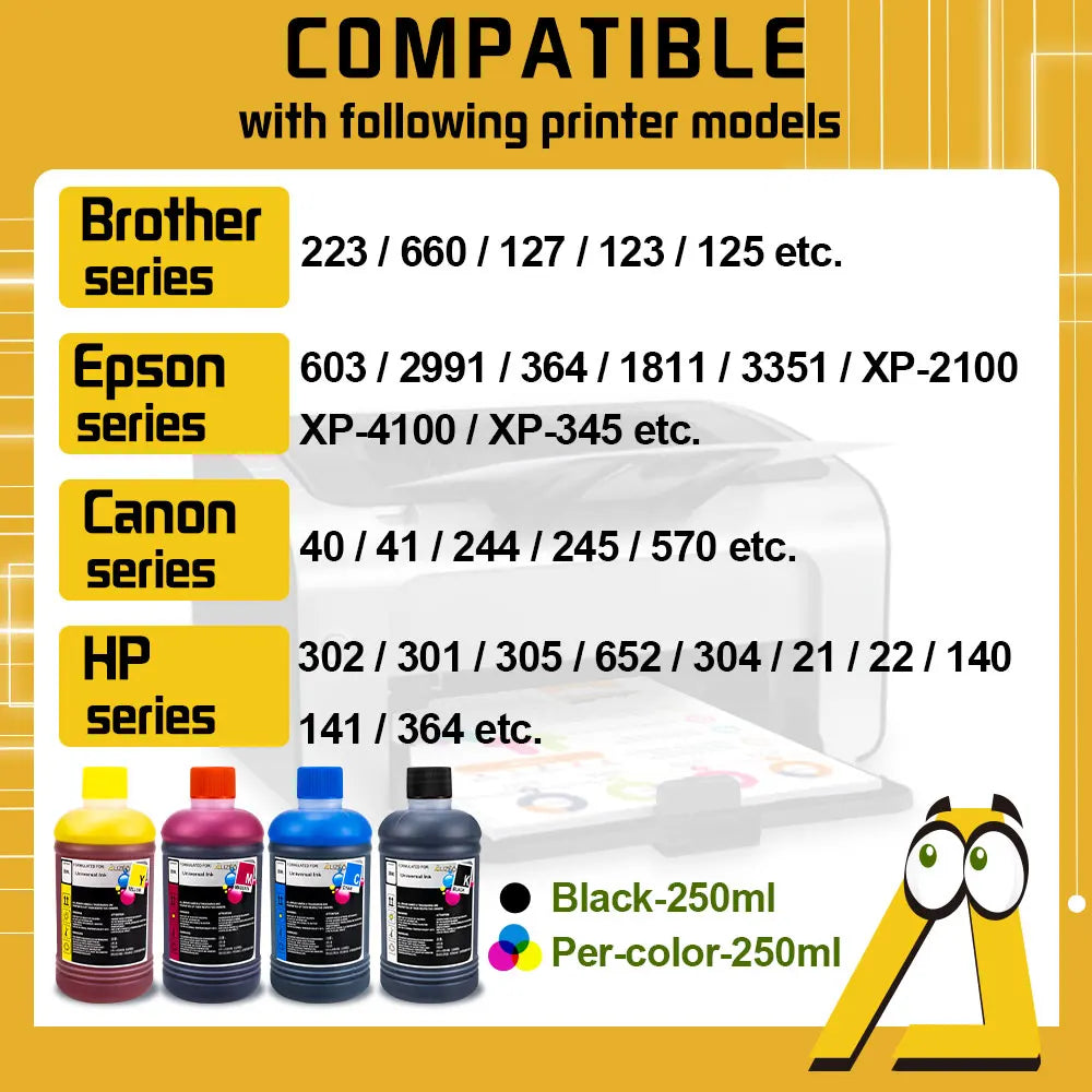 250ml Refill Dye Ink Kit Universal Ink Compatible for HP Canon Epson