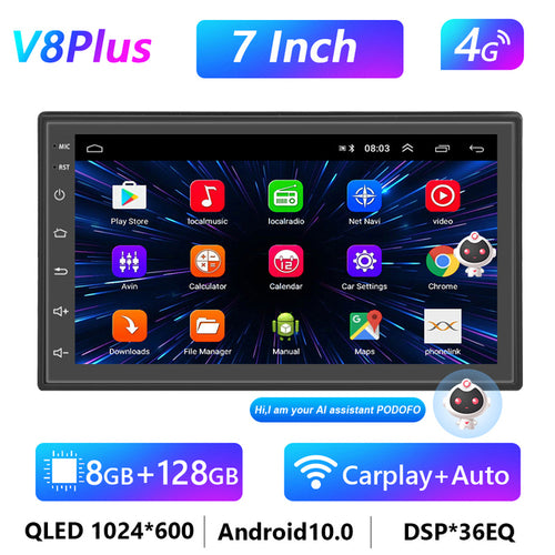 Podofo 8g 128g Car Radio Gps 2 Din Android 10.0 Auto Carplay Universal