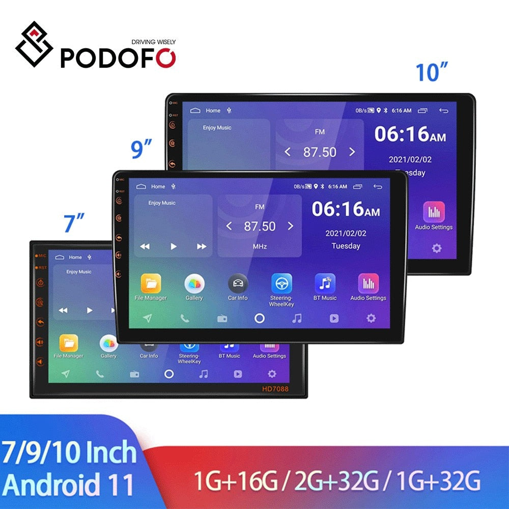 Podofo Android 11 Car Radio Autoradio 32G 2 Din 7"/9"/10" Universal