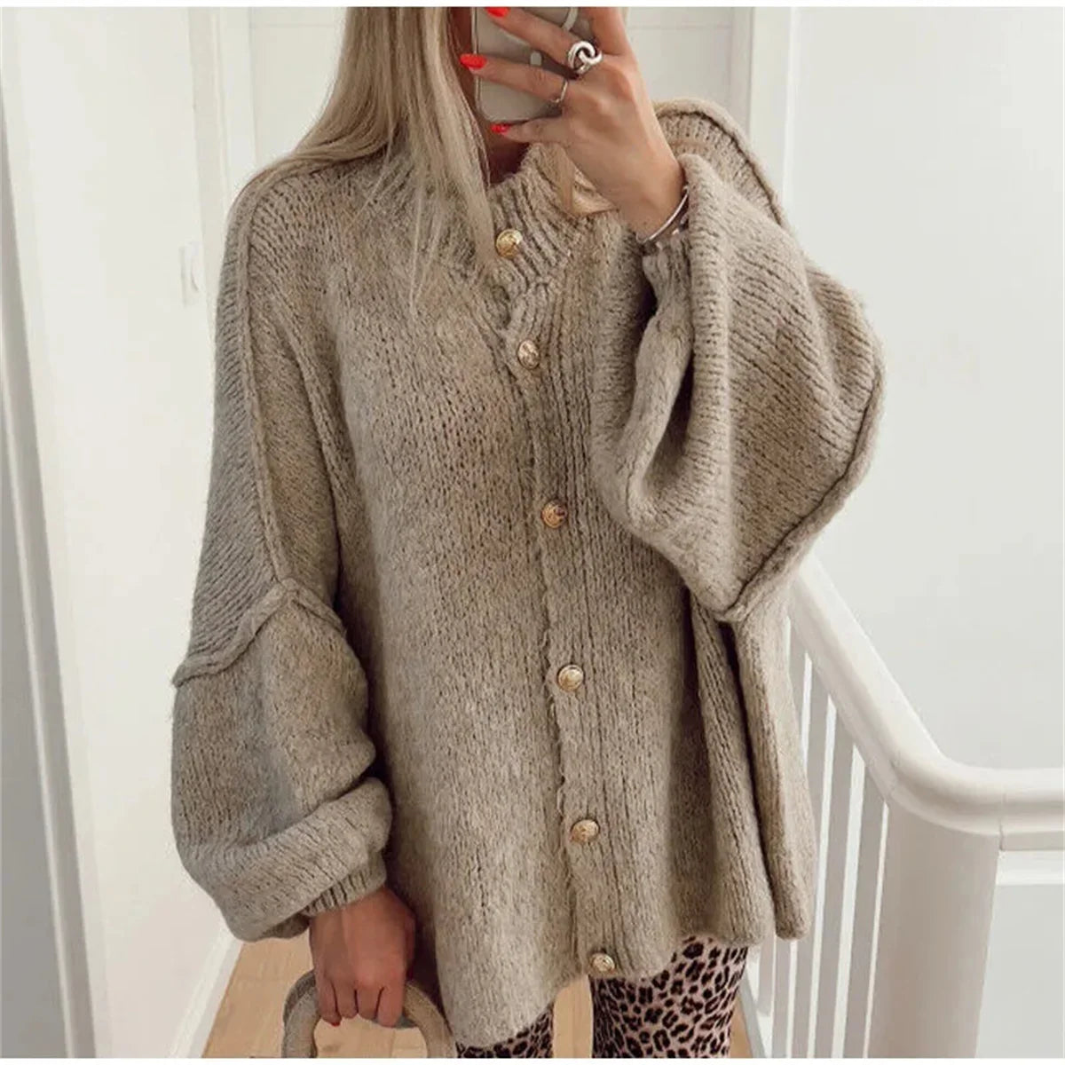 French Fashion Loose Sweater For Women O-neck Metal Button Cardigan
