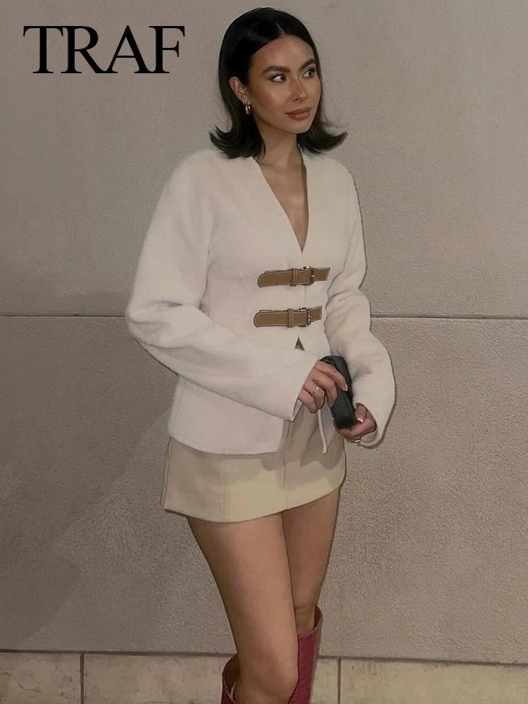 TRAF Woman Vintage White Leather Buckle Woolen Jacket Female 2024