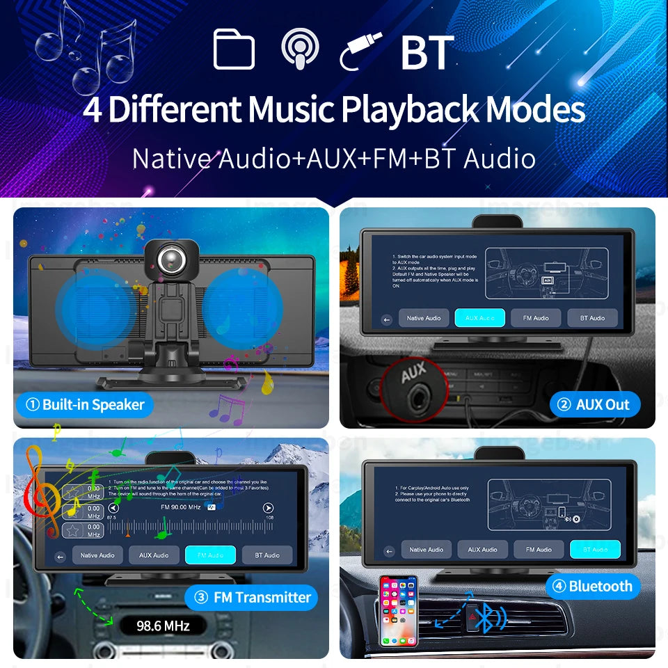 Imagebon 10.26" Dash Cam 4k Wireless Carplay Android Auto Navigation