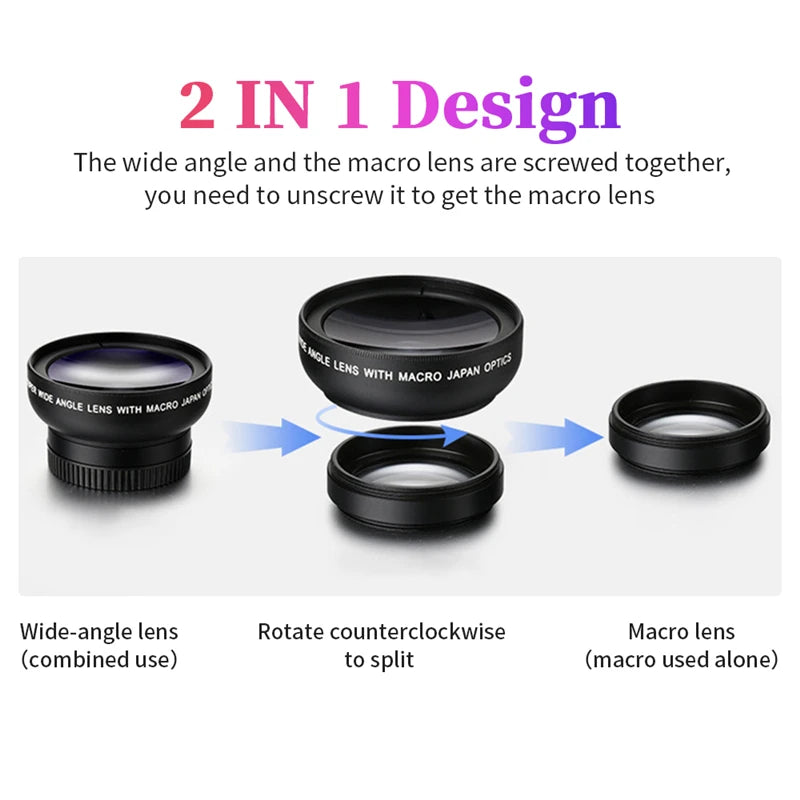 2IN1 Lens Camera Universal Clip 37mm Professional 0.45x 49uv Super