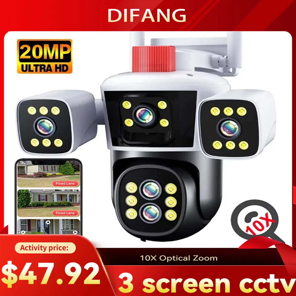 DIFANG 10K 20MP WiFi Security Camera Outdoor Three Screen 360° PTZ