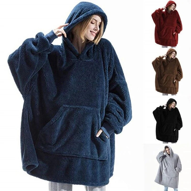 2024 Winter Women Double-faced Fleece Hoodie Blanket Oversize Large