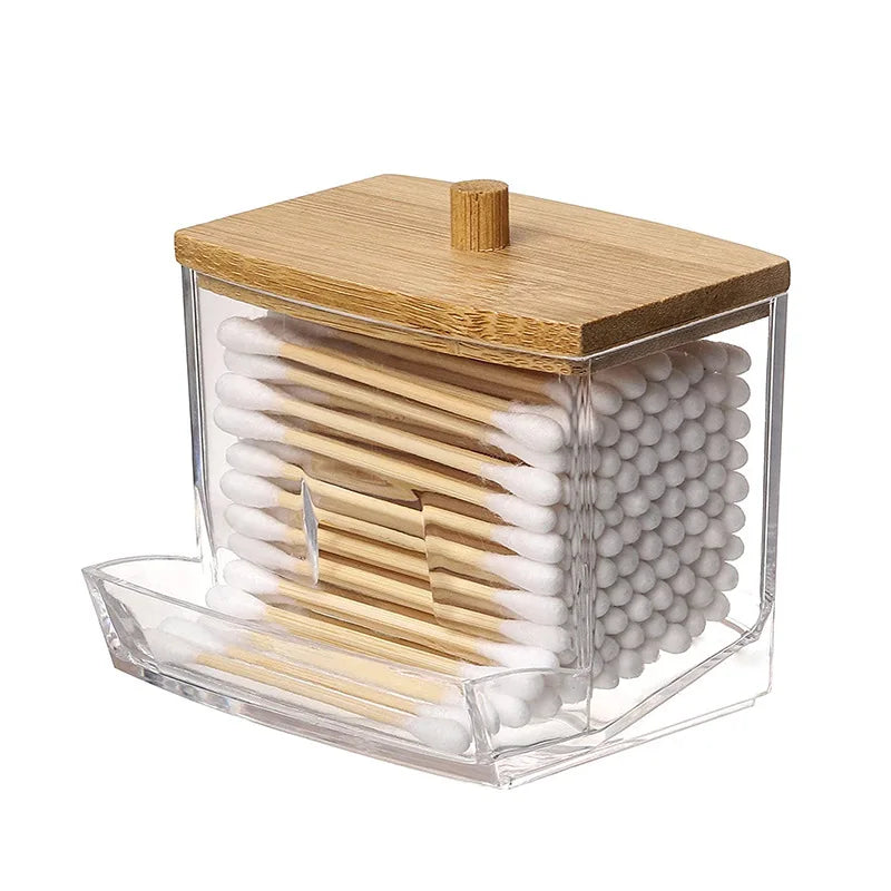 Acrylic Cotton Swab Organizer Bamboo Lid Portable Round Container
