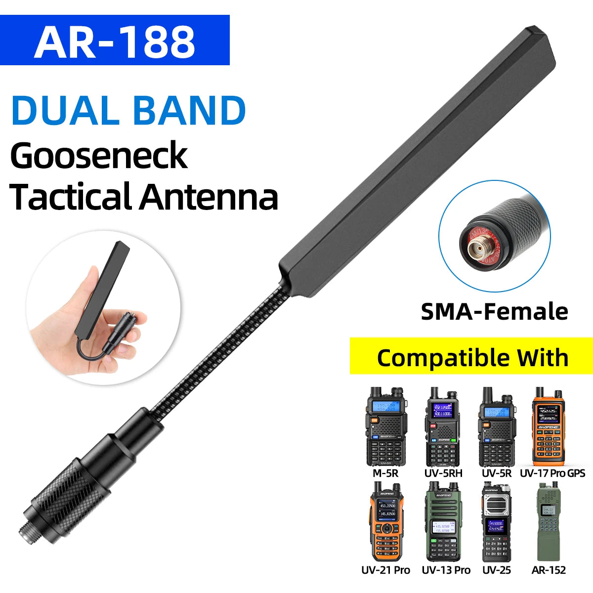 ABBREE AR-188 Gooseneck Tactical Antenna SMA-Female VHF UHF for