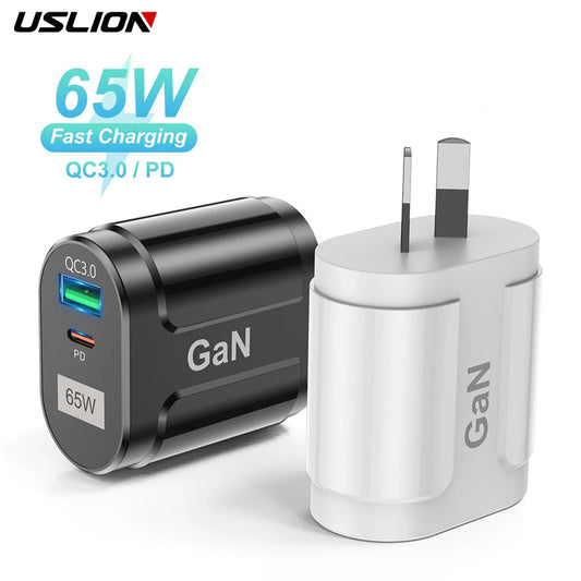 USLION 65W GaN USB Charger AU EU US UK Plug Fast Charging Tablet