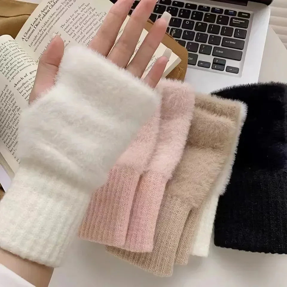 2024 New Mink Fleece Half Finger Gloves for Women's Soft Winter Warmth