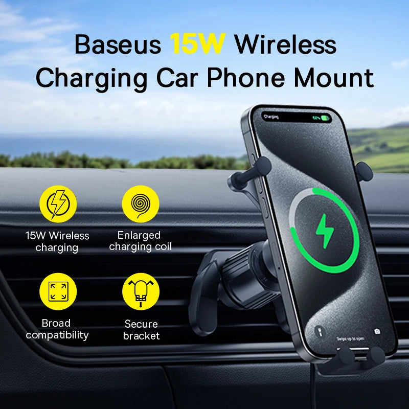 Baseus 15W Car Phone Holder Wireless Charging Stand Air Vent Gravity