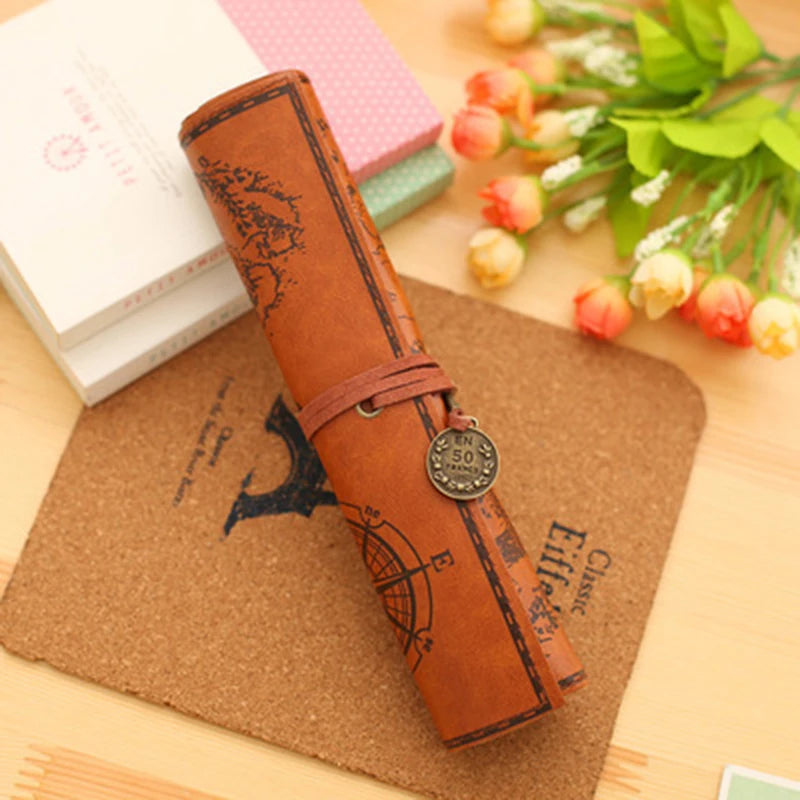 Treasure Map Leather PU Retro Boy Girl Pencil Bag Cosmetic Bag Roll