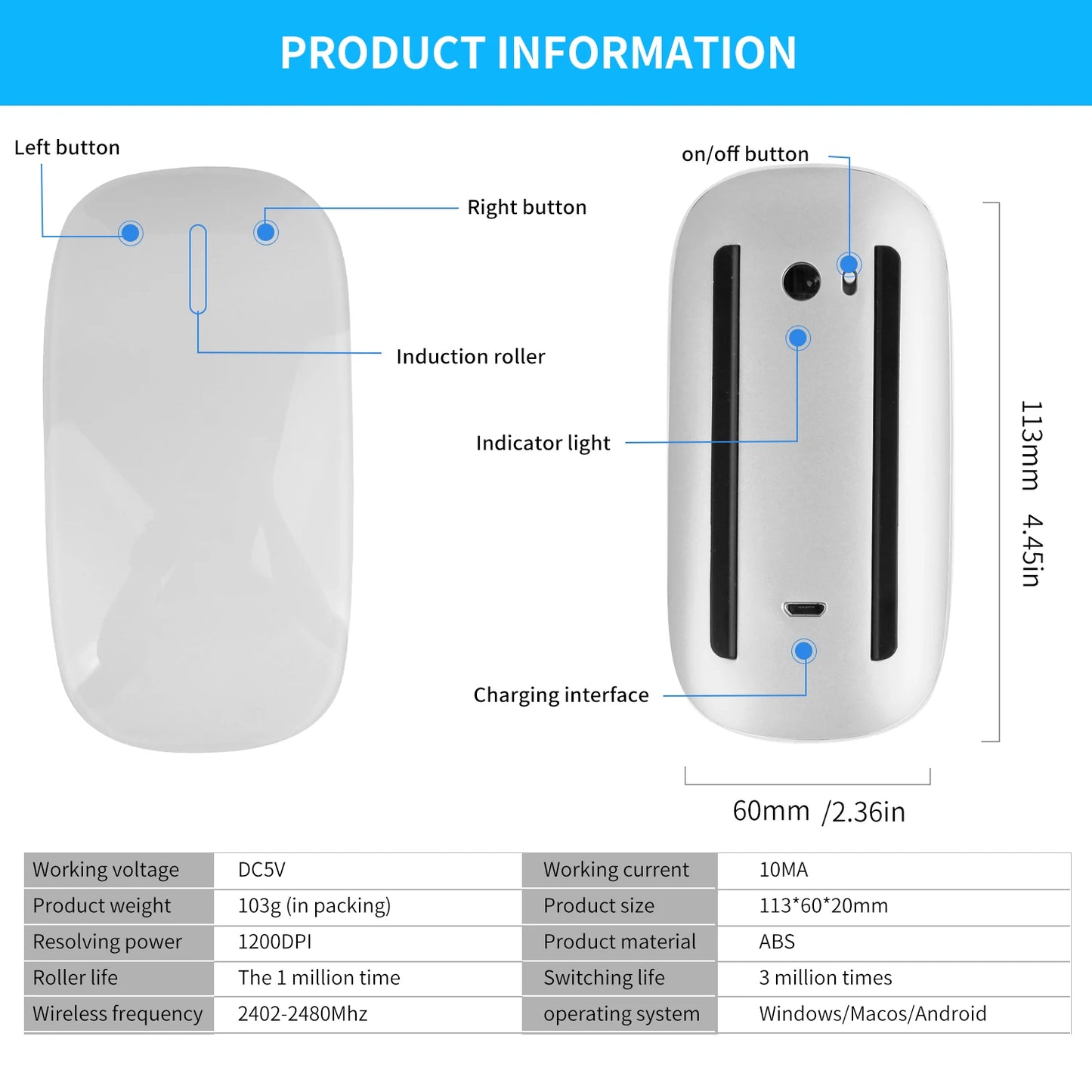 Bluetooth 4.0 Wireless Mouse Rechargeable Silent Multi Arc Touch Mice