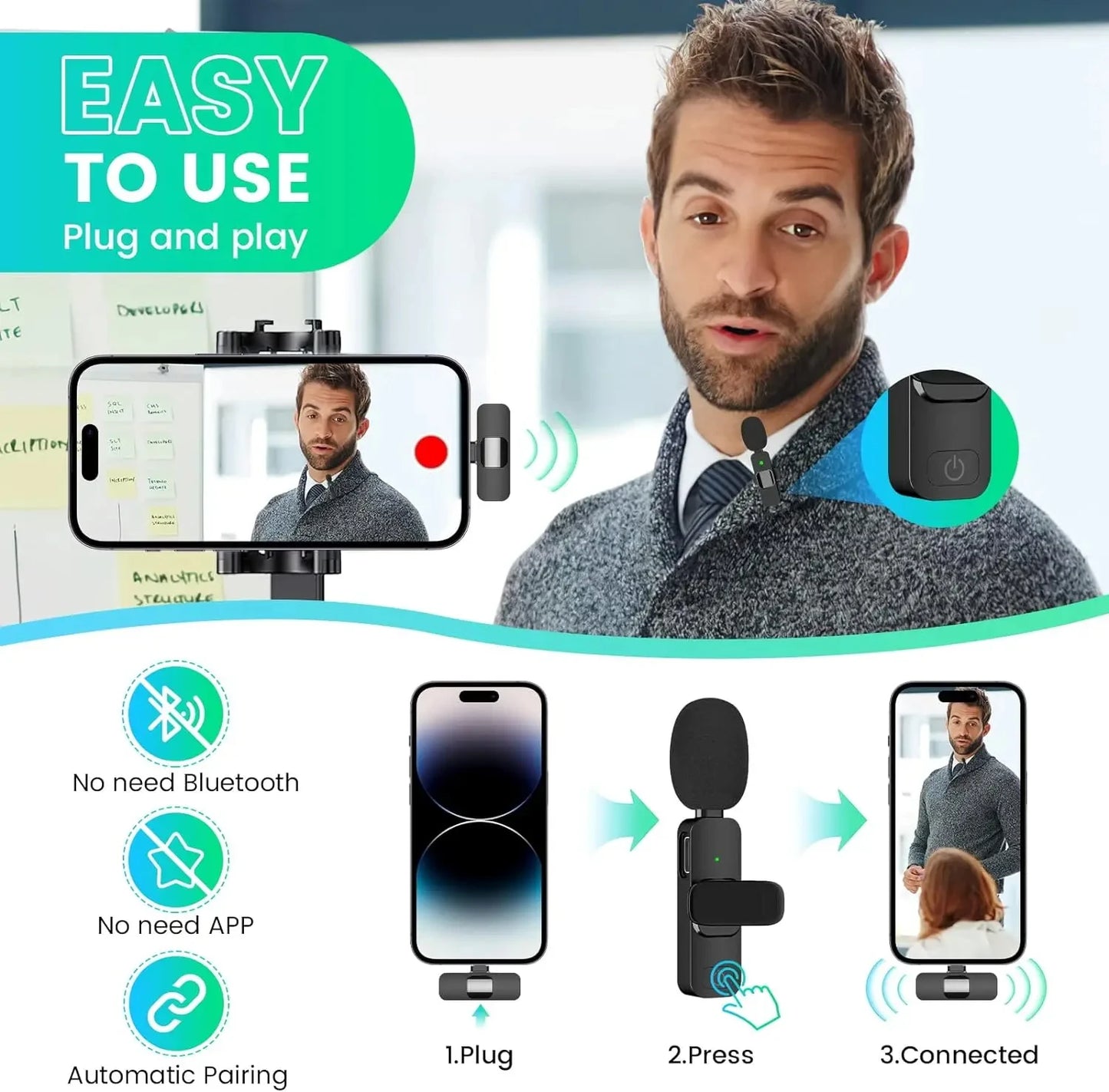 Wireless Lavalier Microphone Mini Audio Video Recording For iPhone 14