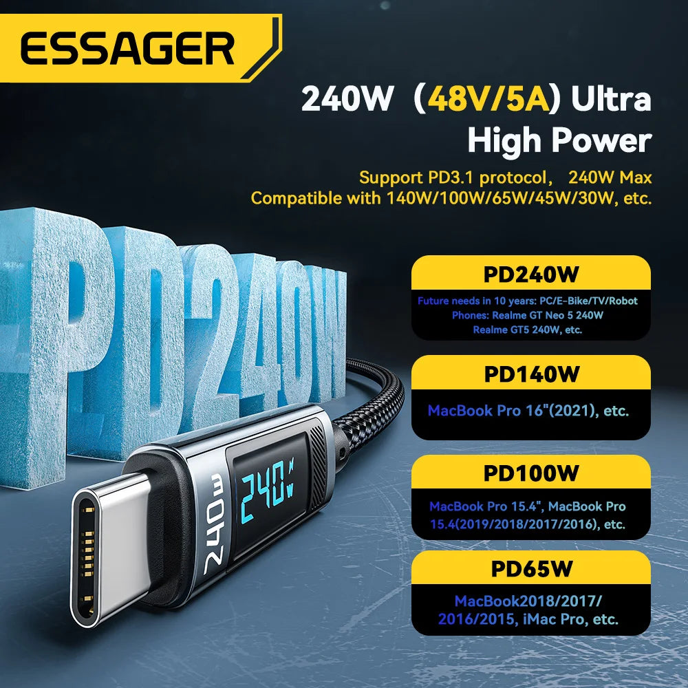 Essager 240W USB Type C To USB C Cable 100W PD 3.1 Fast Charging