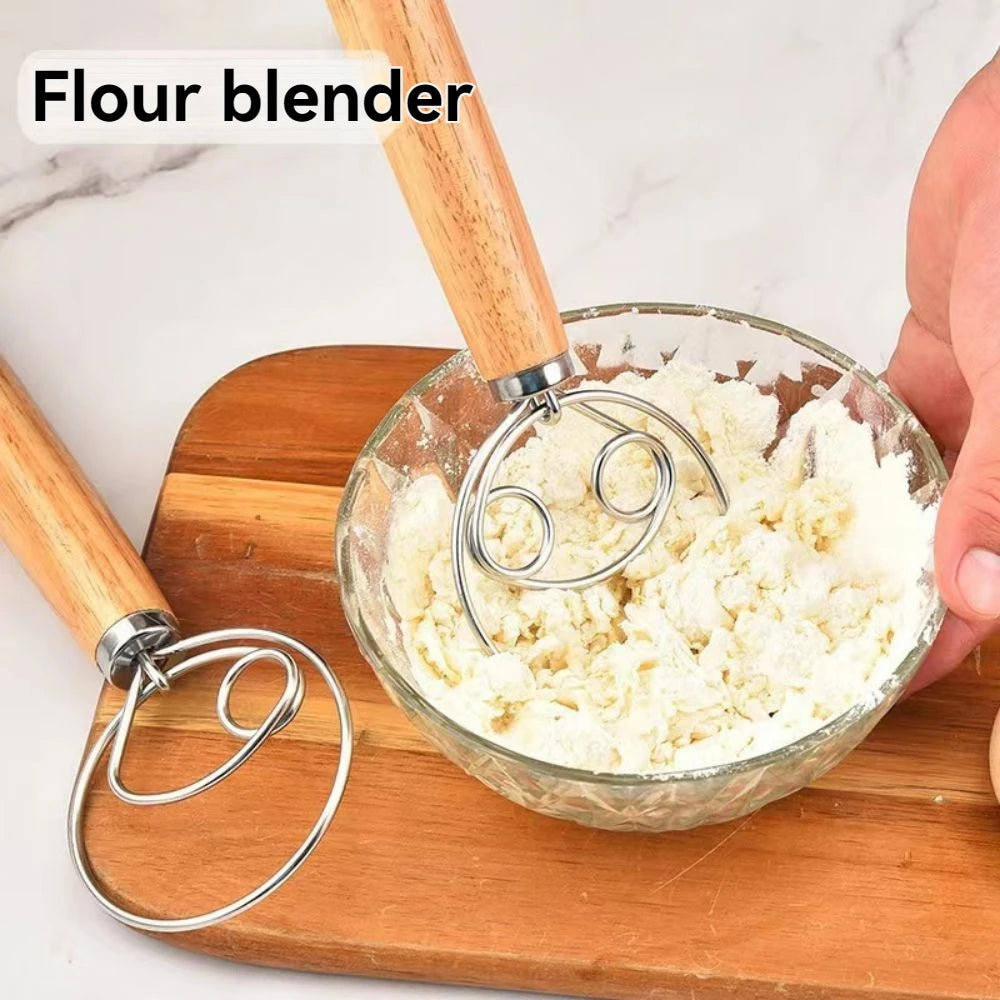 Wooden Handle Single And Double Circle Flour Beater Stick Manual Flour